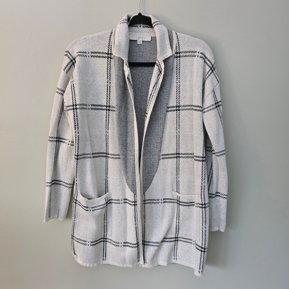 LOFT Women's Ivory Black Windowpane Plaid Open Front Cotton Cardigan S